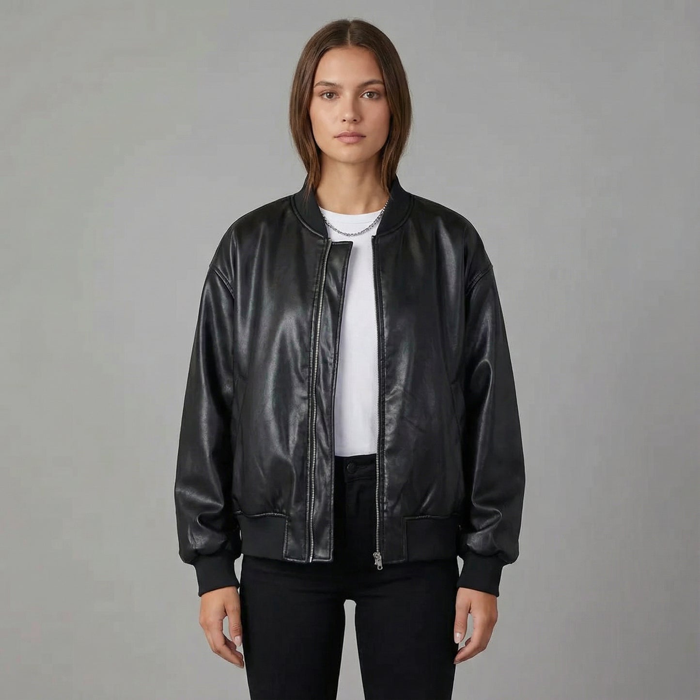 Women’s PU Leather Zip-Up Jacket with Band Collar