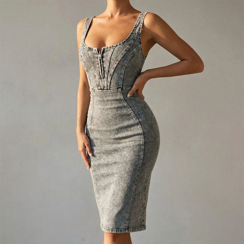midi bodycon denim dress Women's Stylish Modern Design – Evlene Color:Comeback_Black_White filter-neckline:Scoop 7% LYCRA T400 Polyester Small Dog Santa Christmas