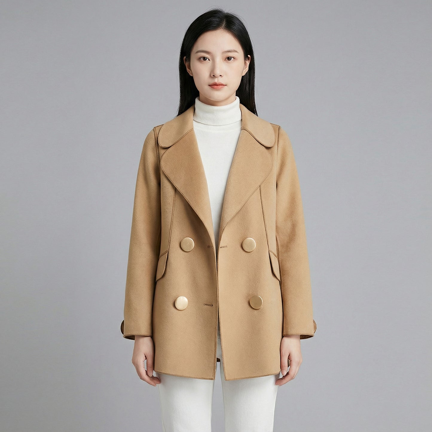 Women’s Double-Breasted Wool Blend Coat with Wide Lapels