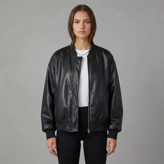 Women’s PU Leather Zip-Up Jacket with Band Collar