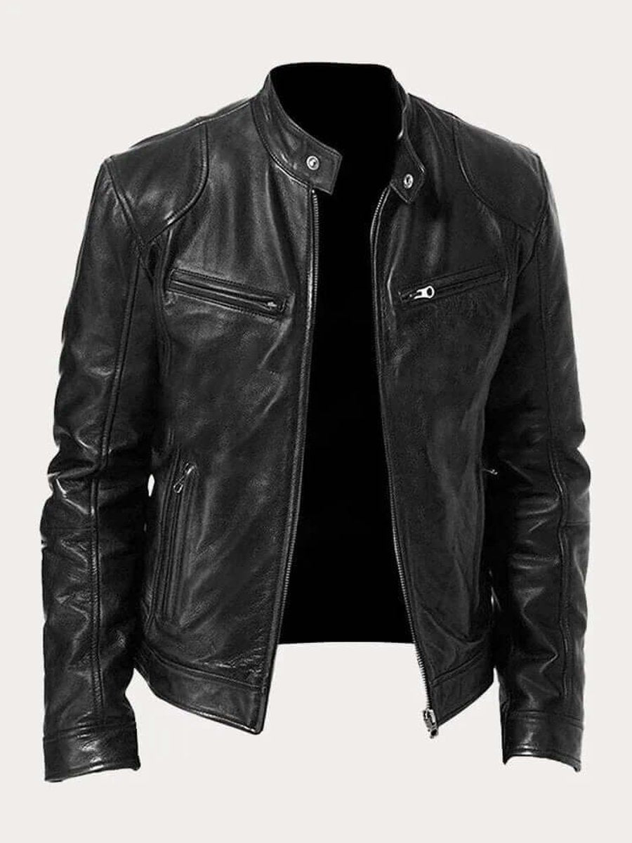 Men’s Classic Biker Leather Jacket Tailored Zip-Up Style 0