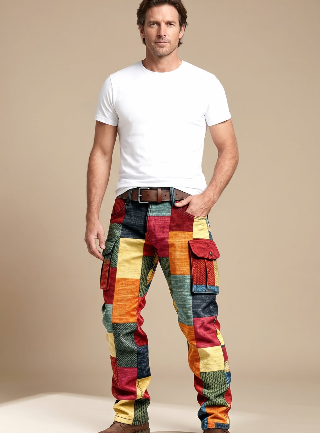 Men’s Relaxed-Fit Cargo Pants Colorblock Patchwork Style 1