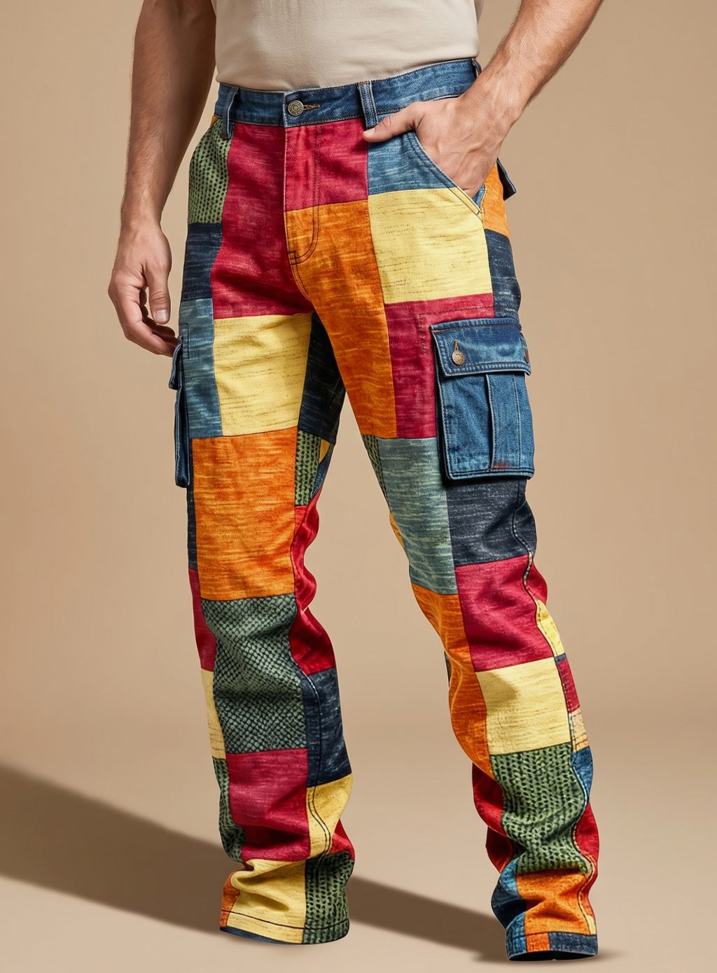 Men’s Relaxed-Fit Cargo Pants Colorblock Patchwork Style 3