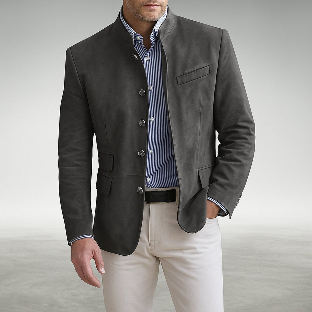 Men's Structured Blazer Jacket with Mandarin Collar for Smart-Casual Style 0