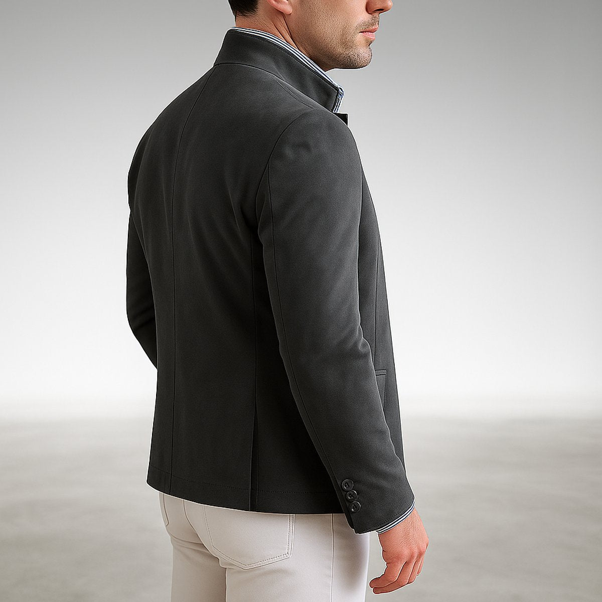 Men's Structured Blazer Jacket with Mandarin Collar for Smart-Casual Style 7