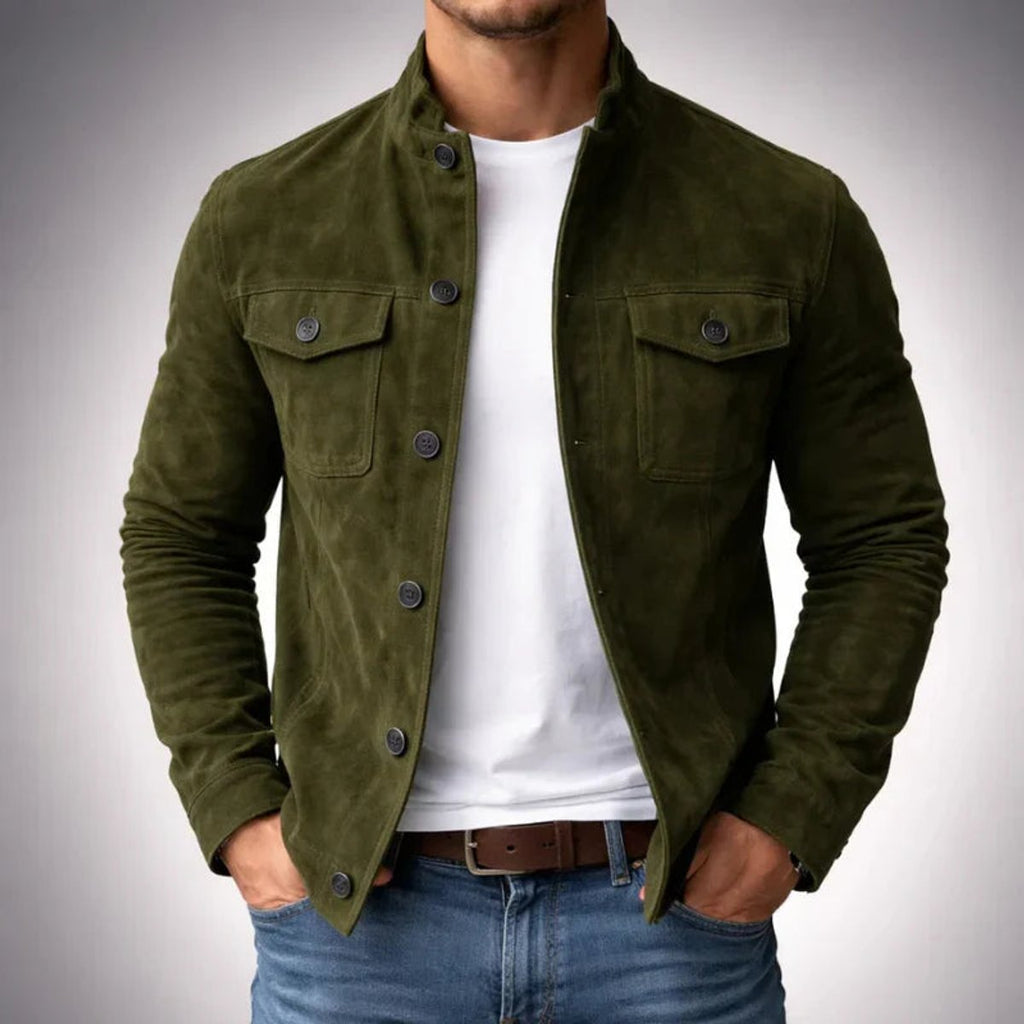 Men’s Suede Jacket Tailored Fit with Stand Collar and Button Front 0