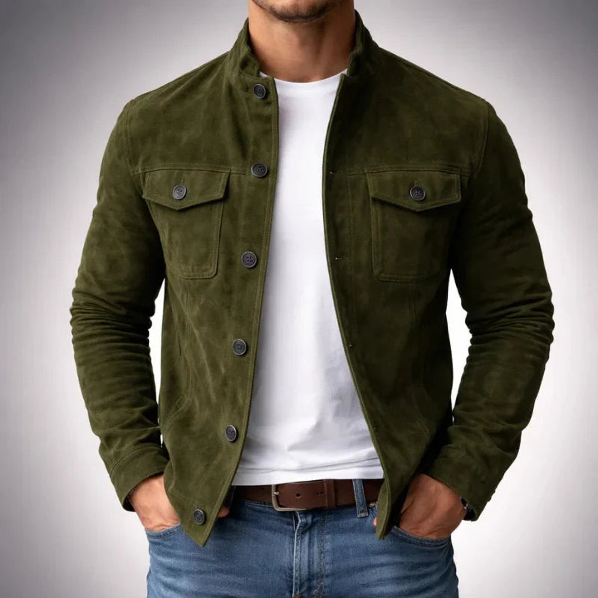 Men’s Suede Jacket Tailored Fit with Stand Collar and Button Front 0