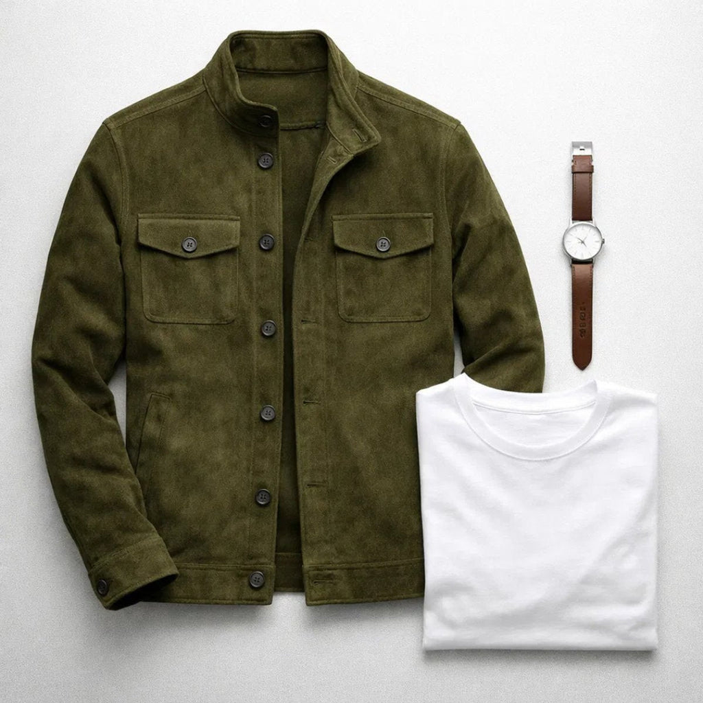 Men’s Suede Jacket Tailored Fit with Stand Collar and Button Front 5