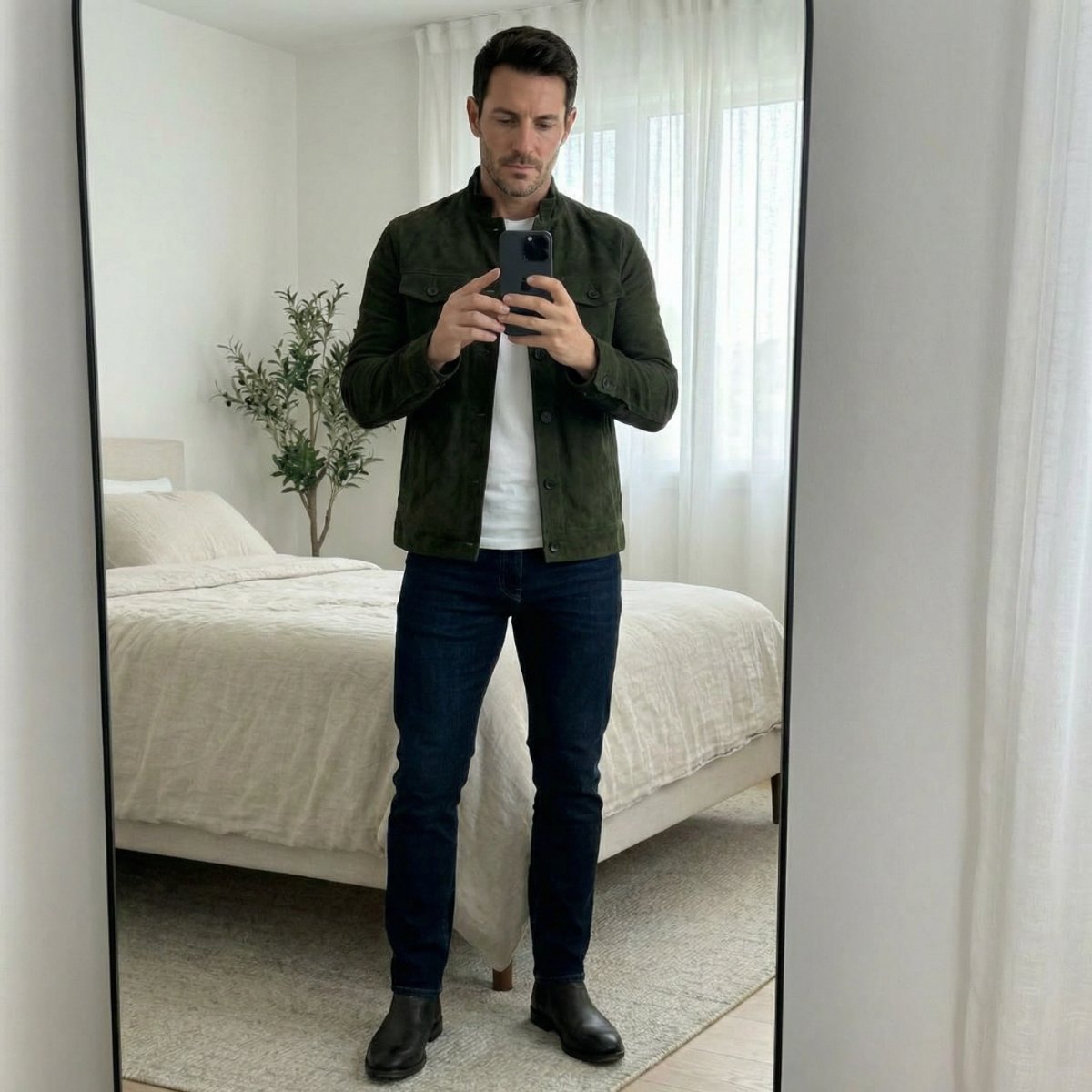 Men’s Suede Jacket Tailored Fit with Stand Collar and Button Front 6