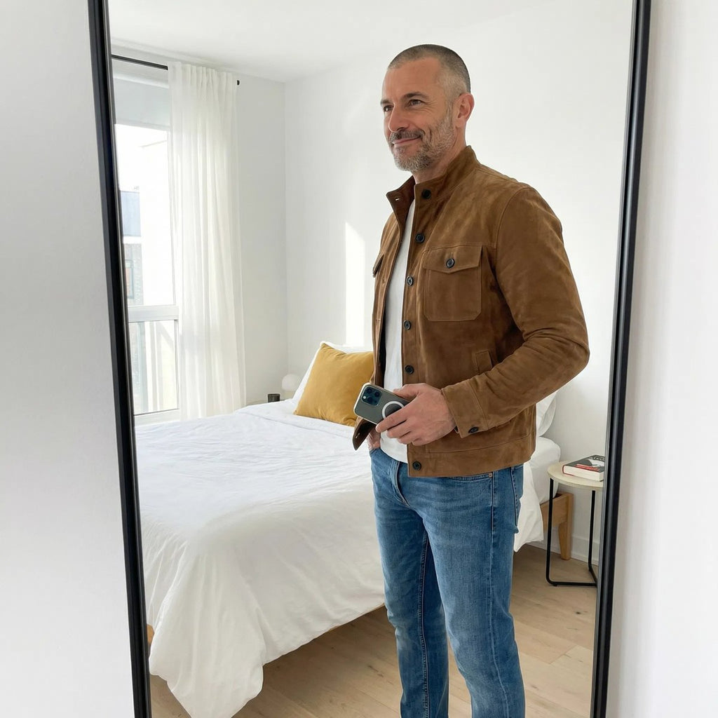 Men’s Suede Jacket Tailored Fit with Stand Collar and Button Front 7