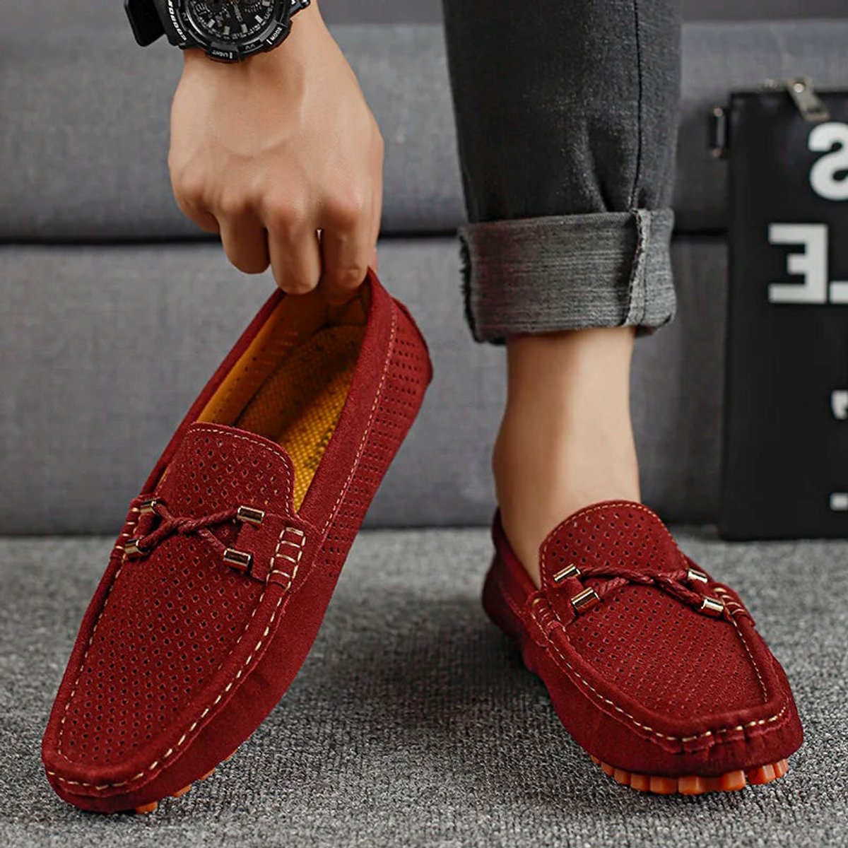 Men’s Suede Slip-On Loafers Perforated Breathable Design 3