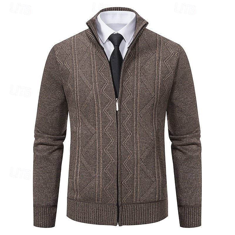 Men’s Textured Zip-Up Cardigan with Stand Collar for Versatile Style 0