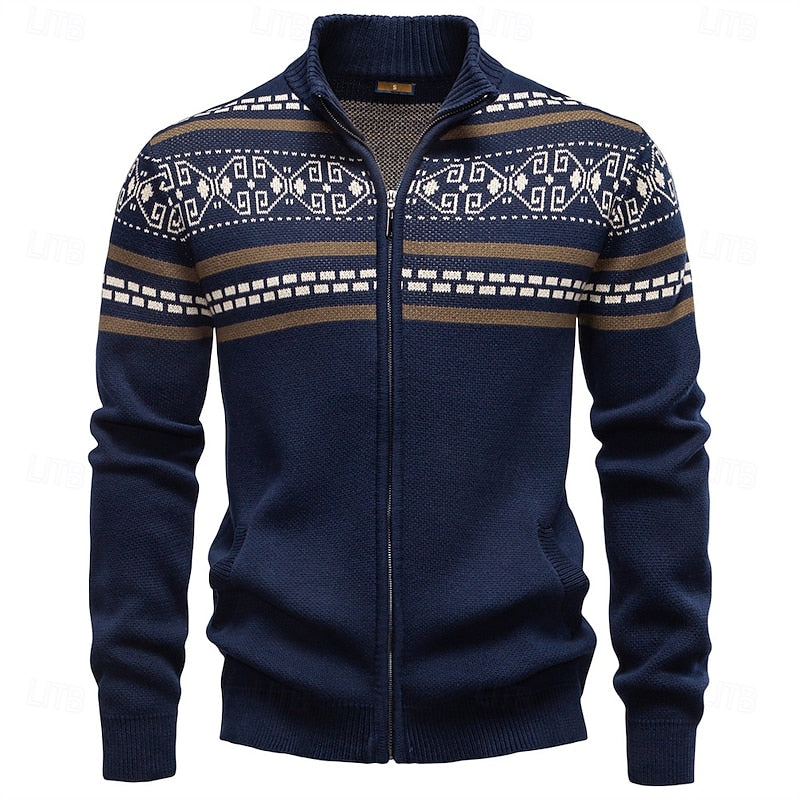 Men’s Zip-Up Cardigan Classic Fair Isle Design for Winter 0