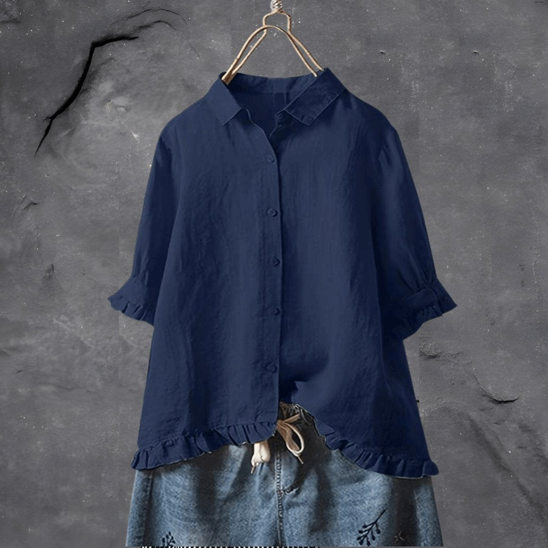 Plus Size Women's Blouse Button Front Collared Ruffle Hem Design 1