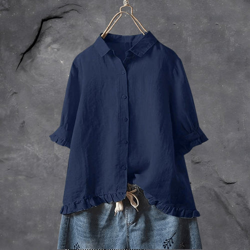 Plus Size Women's Blouse Button Front Collared Ruffle Hem Design 1