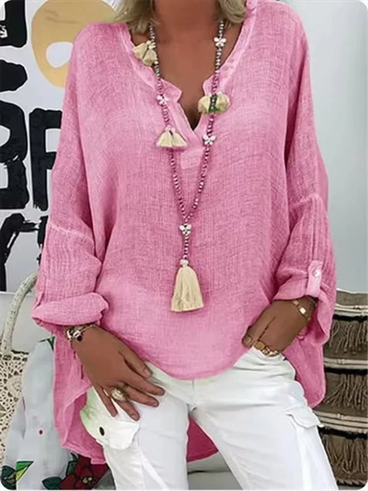 Plus Size Women's Long Sleeve Blouse Relaxed Fit V-Neck Style 1