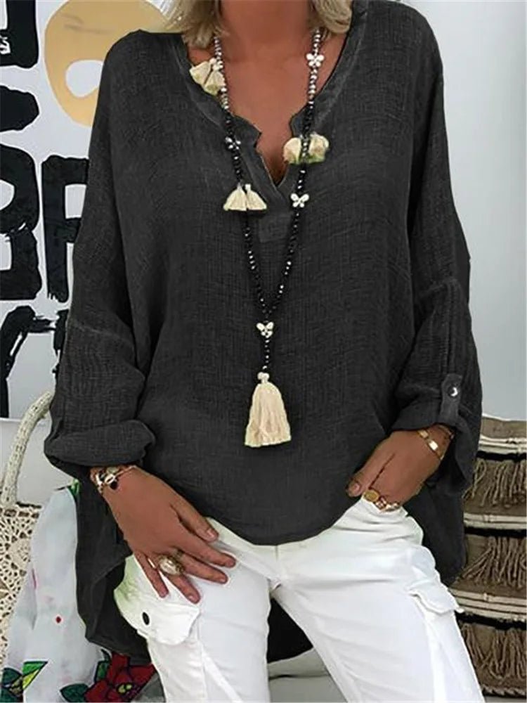 Plus Size Women's Long Sleeve Blouse Relaxed Fit V-Neck Style 2