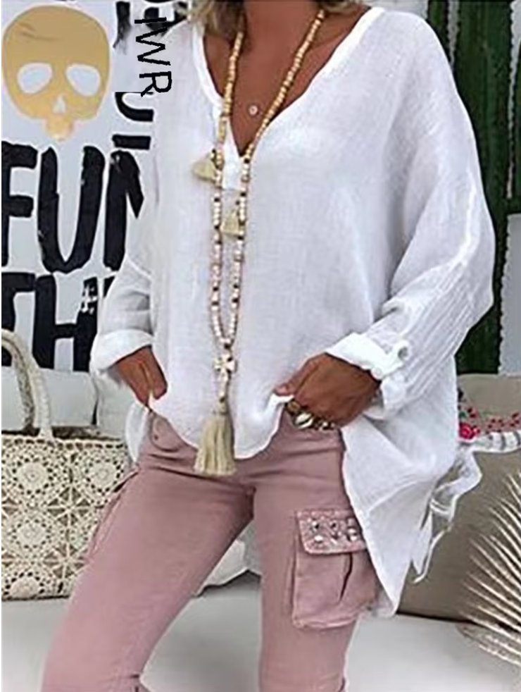 Plus Size Women's Long Sleeve Blouse Relaxed Fit V-Neck Style 3