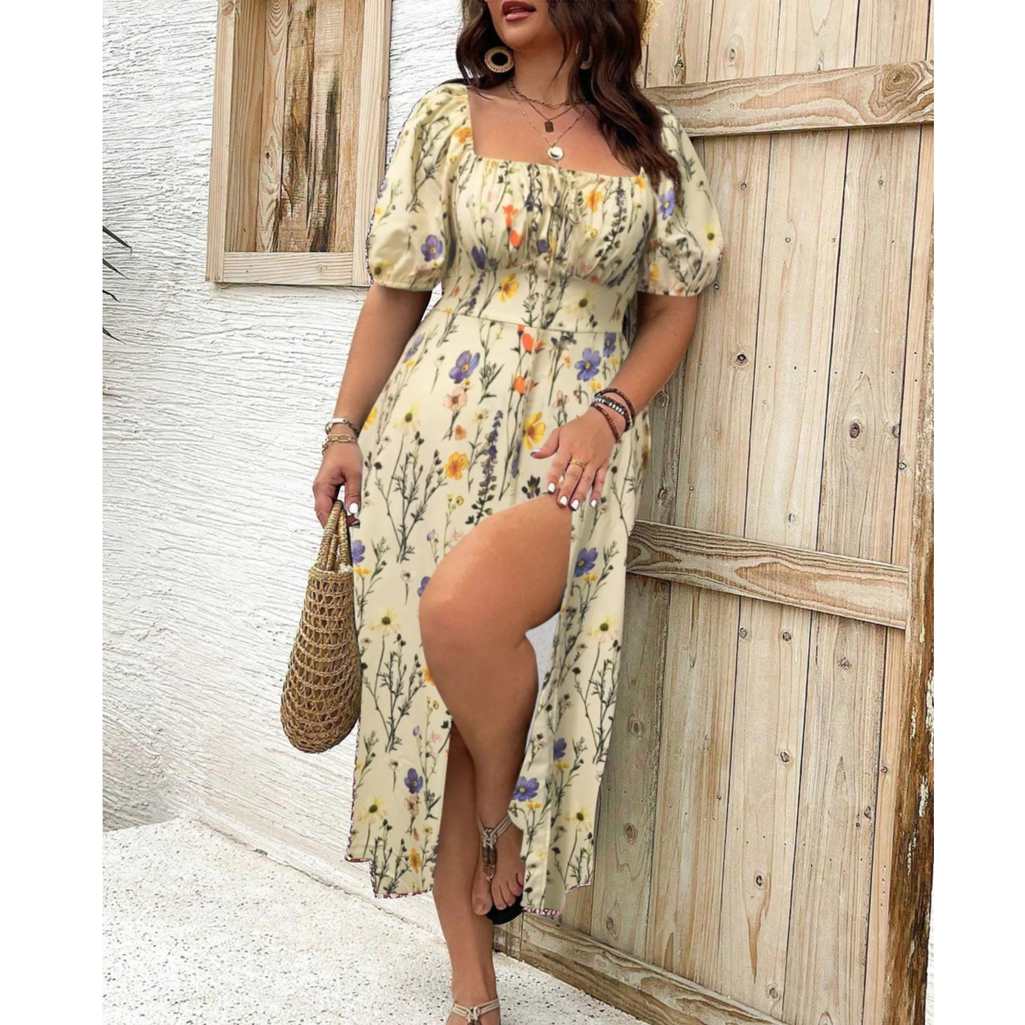 Plus Size Women's Maxi Dress Elegant Puff Sleeve Design 10