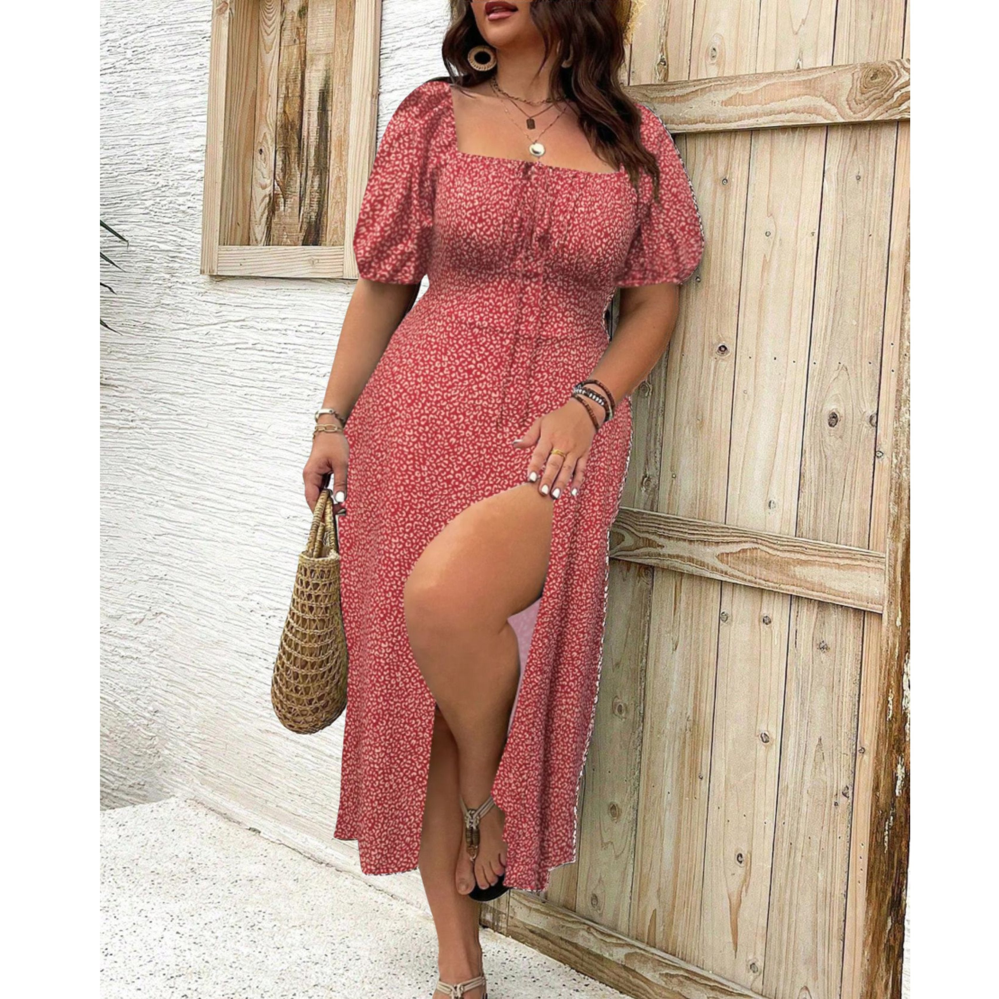 Plus Size Women's Maxi Dress Elegant Puff Sleeve Design 7
