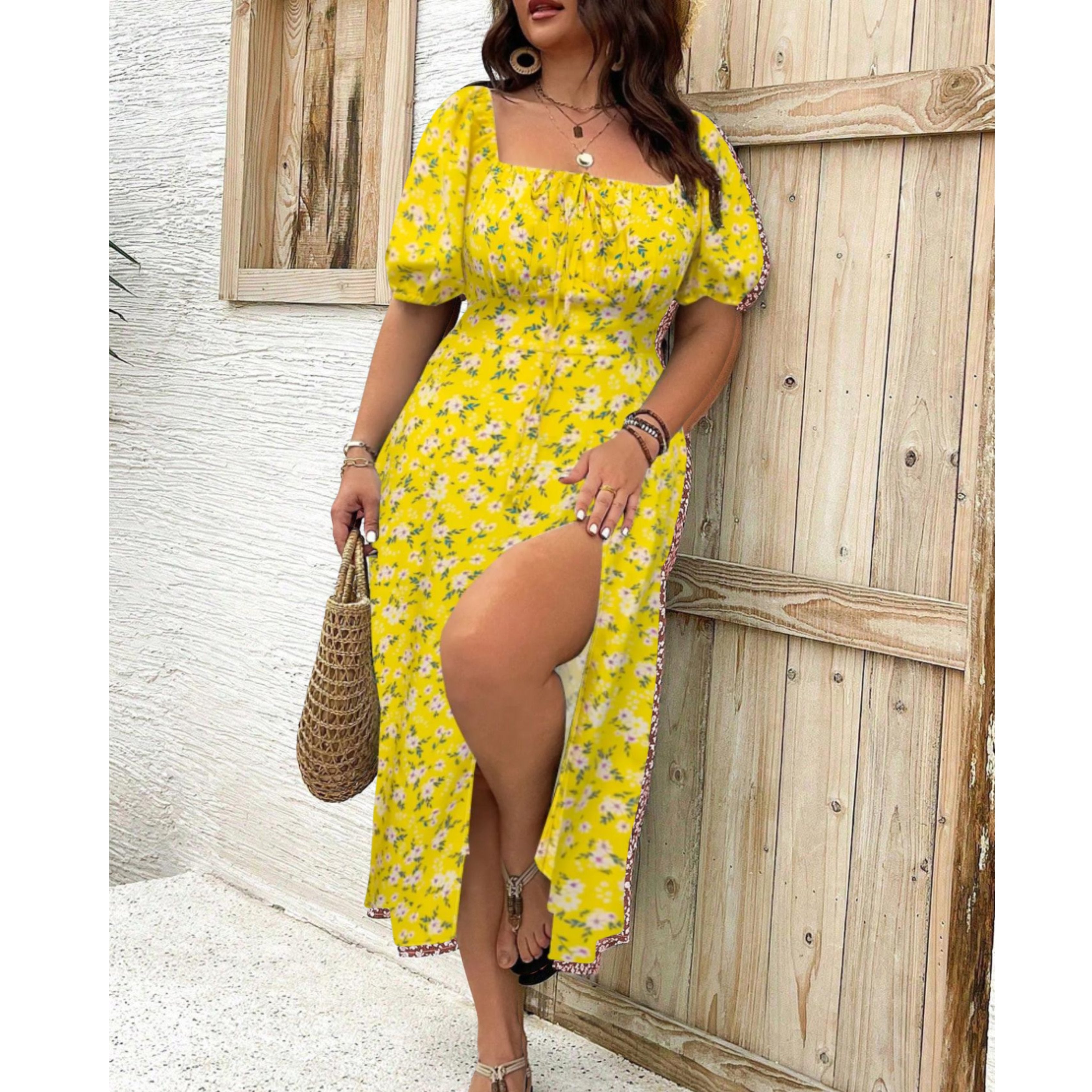 Plus Size Women's Maxi Dress Elegant Puff Sleeve Design 8