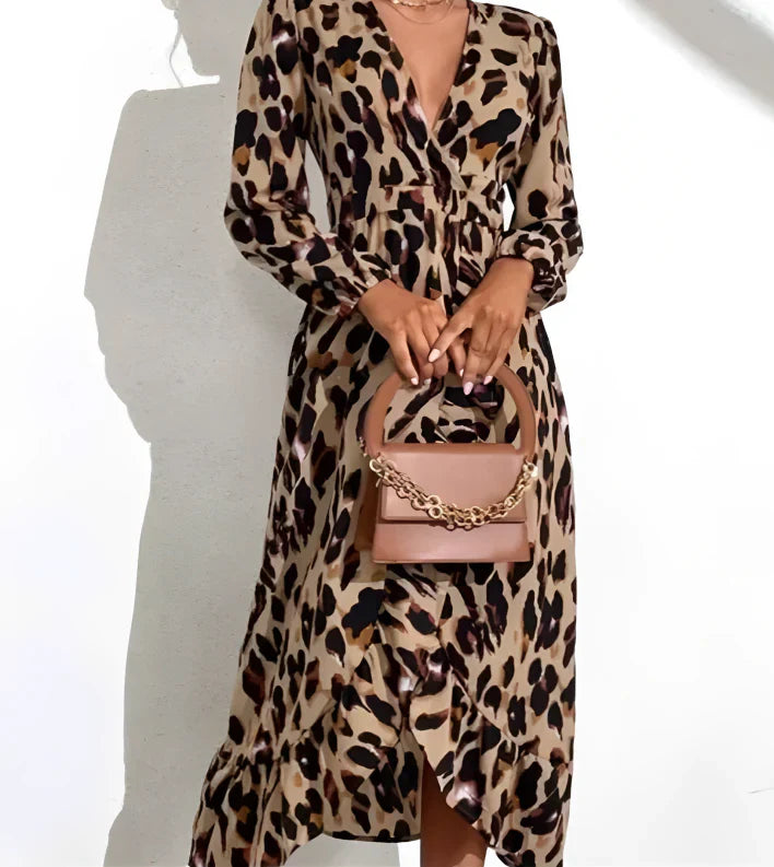 Women’s A-Line Midi Dress Elegant V-Neck Leopard Print 0
