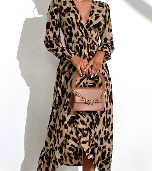 Women’s A-Line Midi Dress Elegant V-Neck Leopard Print 0
