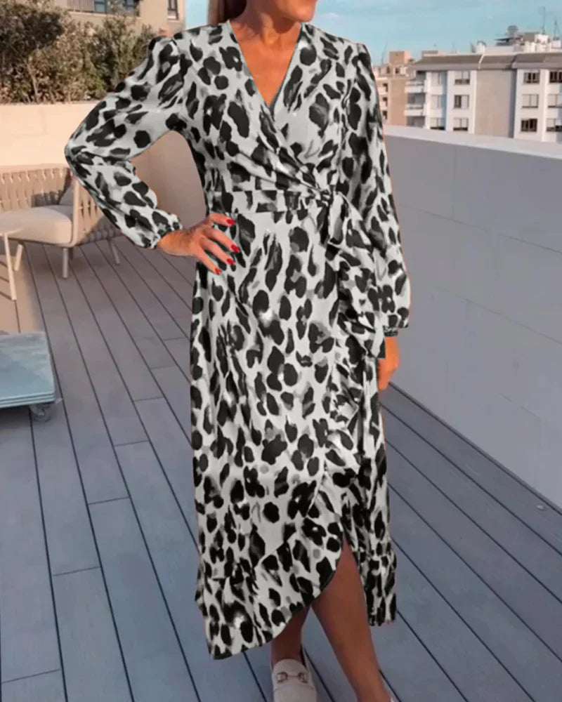 Women’s A-Line Midi Dress Elegant V-Neck Leopard Print 1