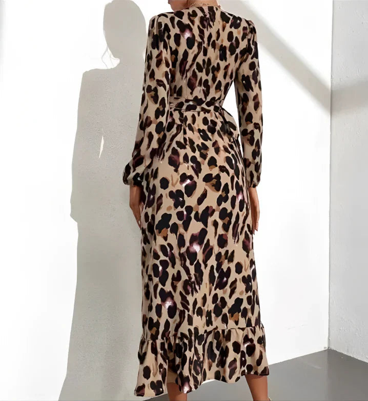 Women’s A-Line Midi Dress Elegant V-Neck Leopard Print 4