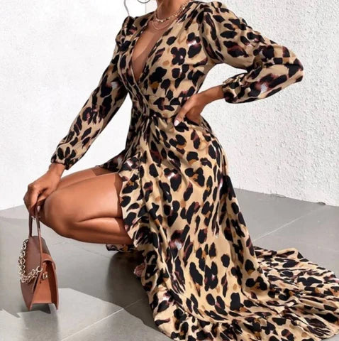 Women’s A-Line Midi Dress Elegant V-Neck Leopard Print 6