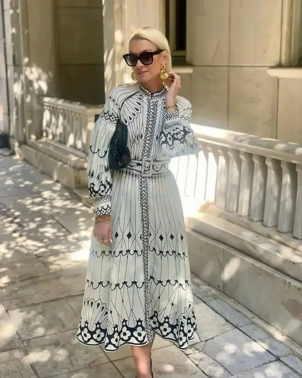 Women’s A-Line Midi Dress Long Sleeve Geometric Print 0