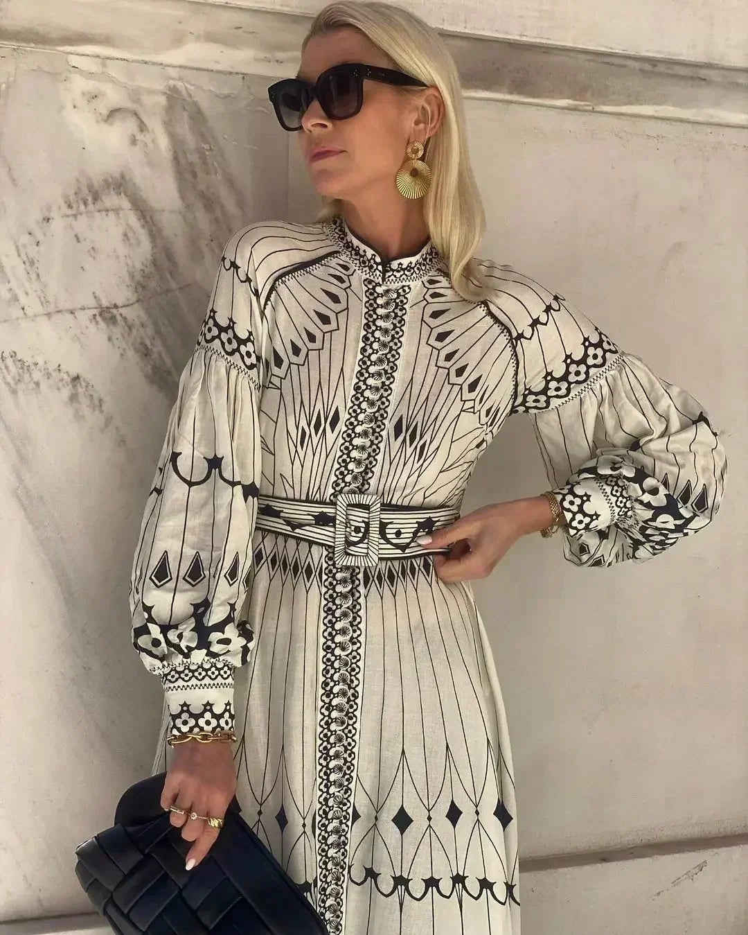 Women’s A-Line Midi Dress Long Sleeve Geometric Print 1