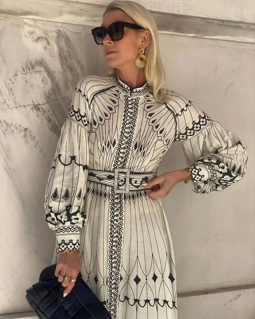 Women’s A-Line Midi Dress Long Sleeve Geometric Print 1