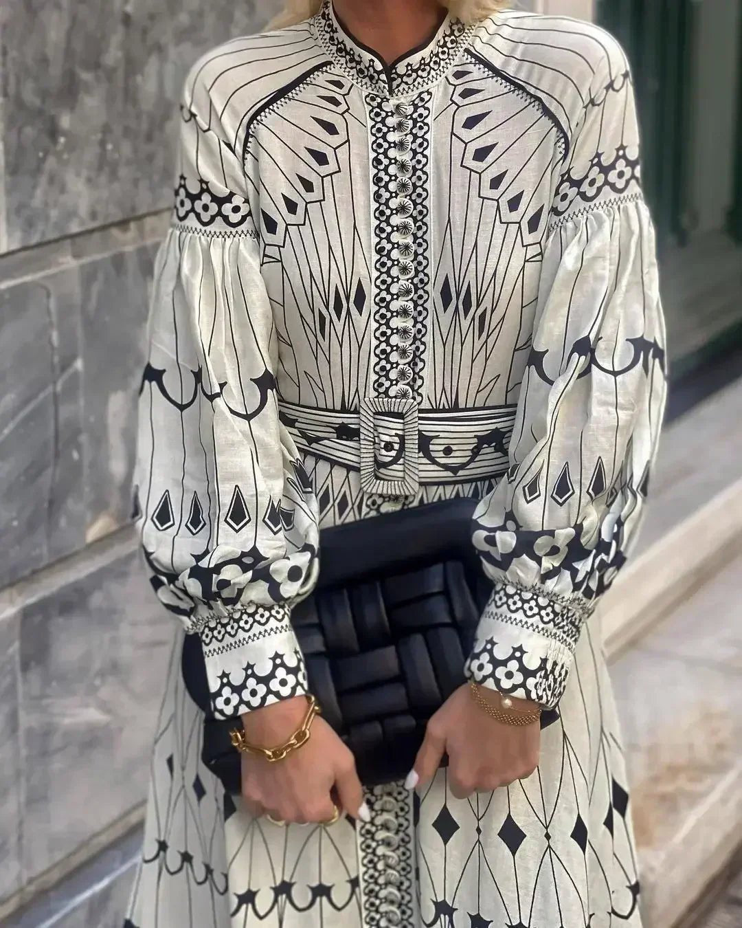 Women’s A-Line Midi Dress Long Sleeve Geometric Print 2