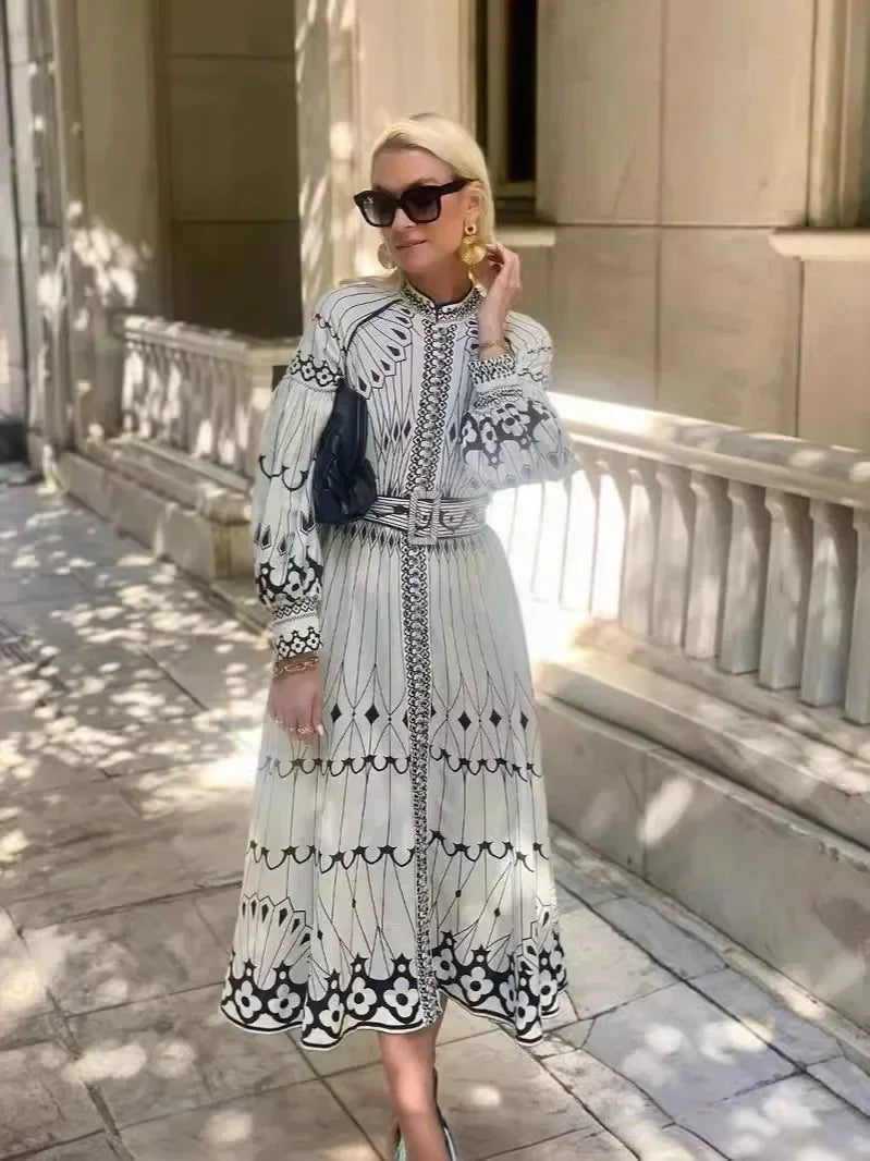 Women’s A-Line Midi Dress Long Sleeve Geometric Print 3