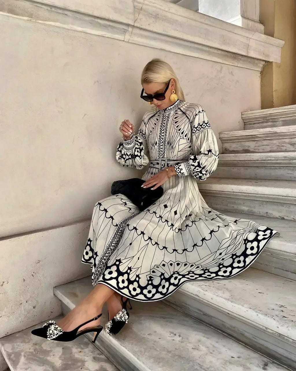 Women’s A-Line Midi Dress Long Sleeve Geometric Print 4