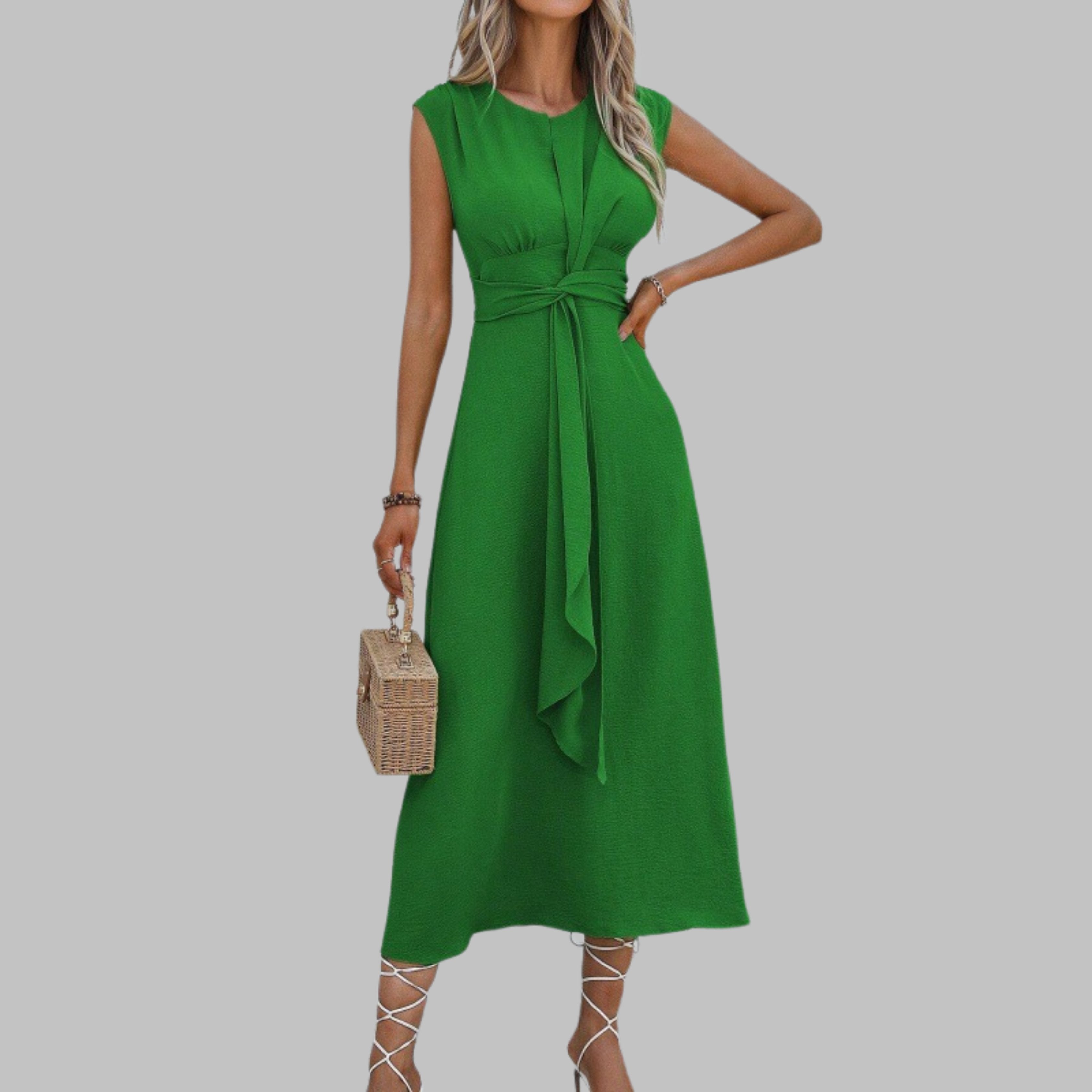Women’s A-Line Midi Dress Sleeveless Tie Waist Design 0