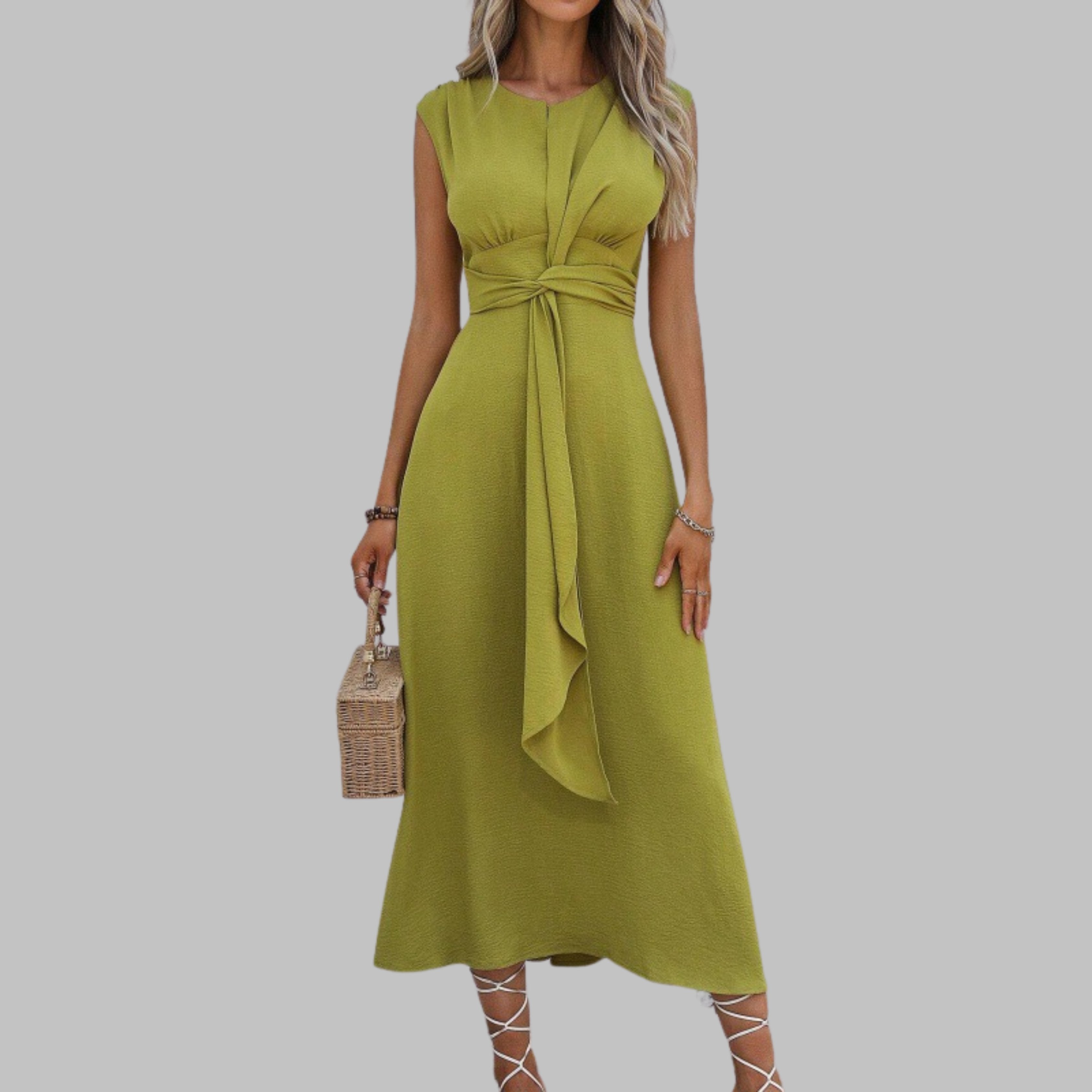 Women’s A-Line Midi Dress Sleeveless Tie Waist Design 1