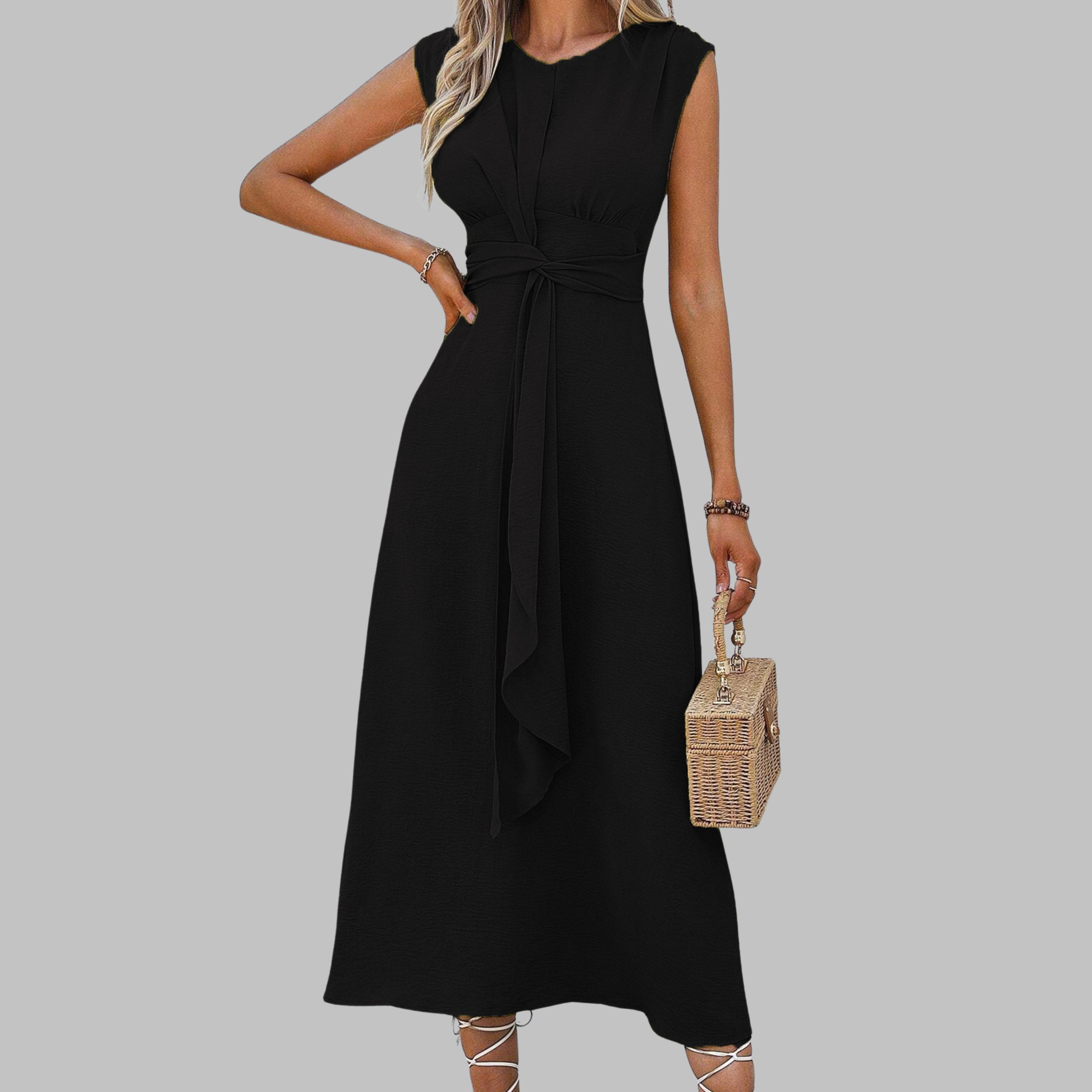 Women’s A-Line Midi Dress Sleeveless Tie Waist Design 6