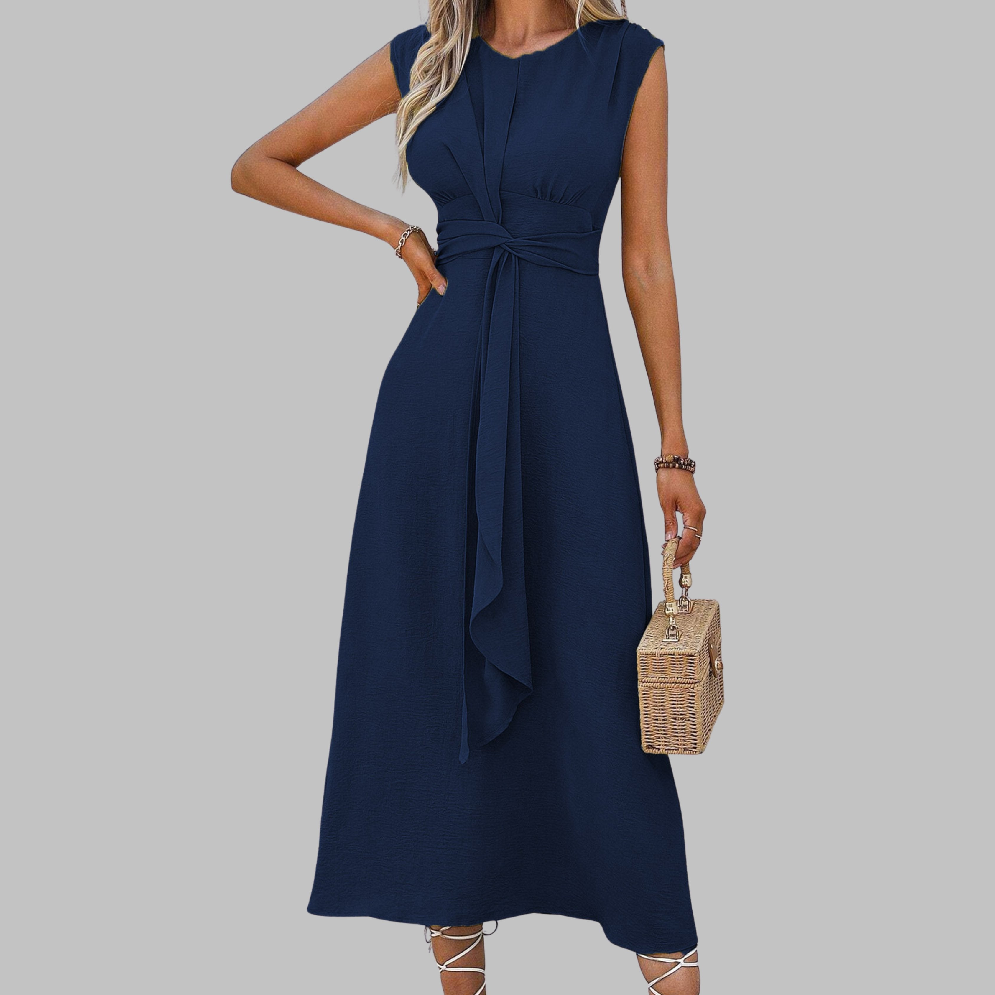Women’s A-Line Midi Dress Sleeveless Tie Waist Design 7