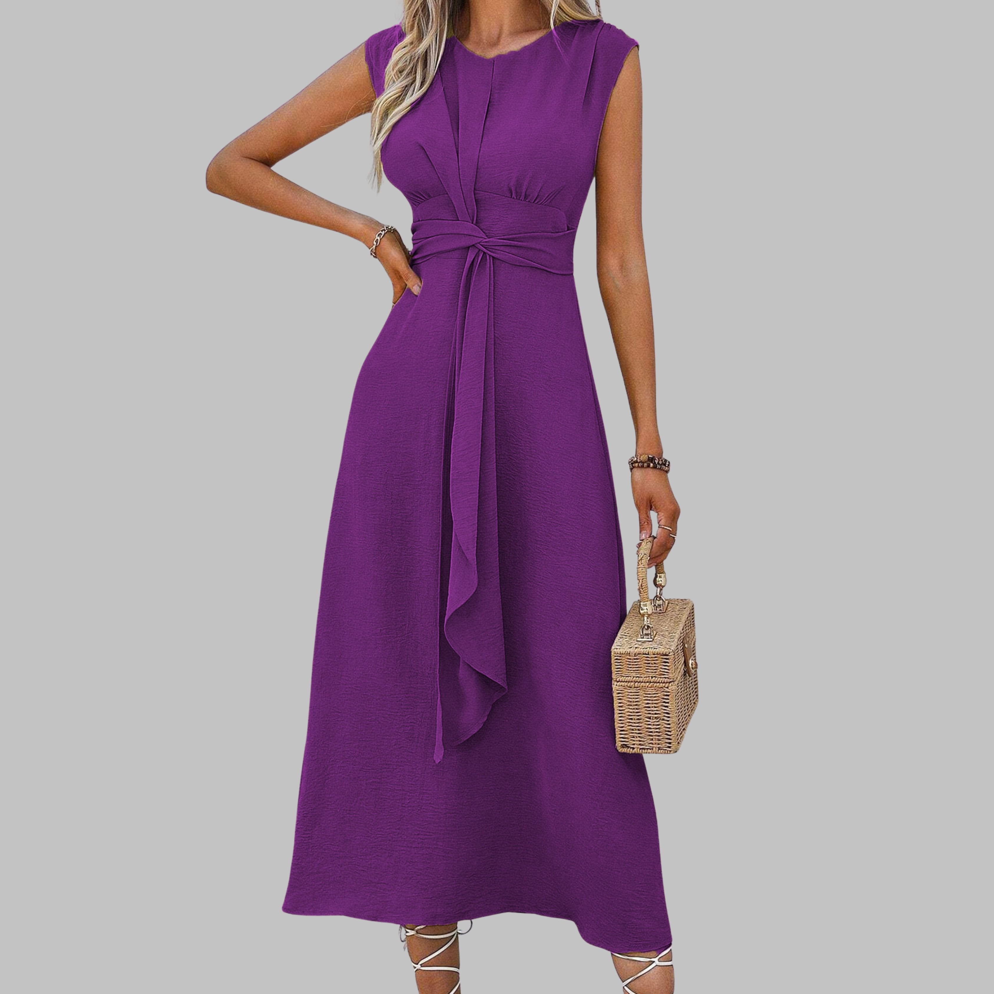 Women’s A-Line Midi Dress Sleeveless Tie Waist Design 8