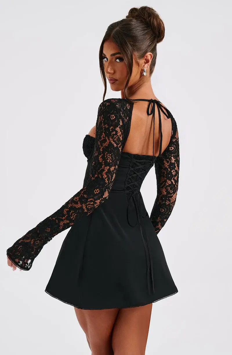 Women’s A-Line Mini Dress with Lace Sleeves and Sweetheart Neckline 3