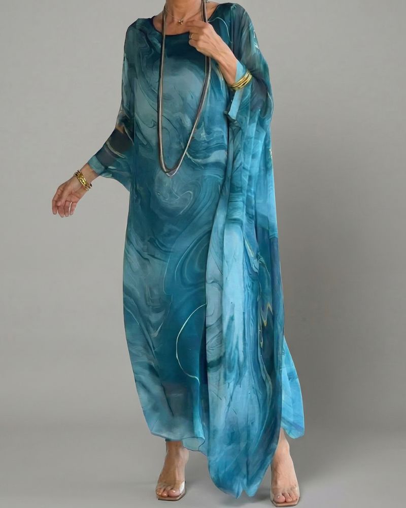 Women’s Abstract Print Maxi Dress Relaxed Fit Long Sleeve 0