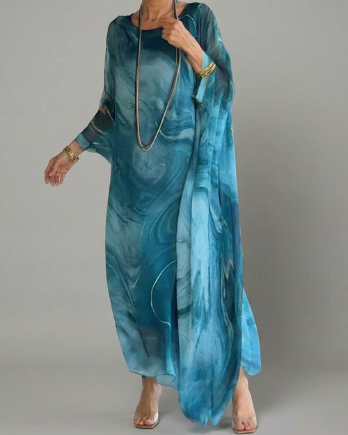 Women’s Abstract Print Maxi Dress Relaxed Fit Long Sleeve 0