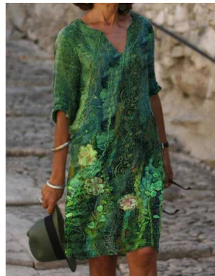 Women’s Artistic Floral Midi Dress Elegant V-Neck Design 1