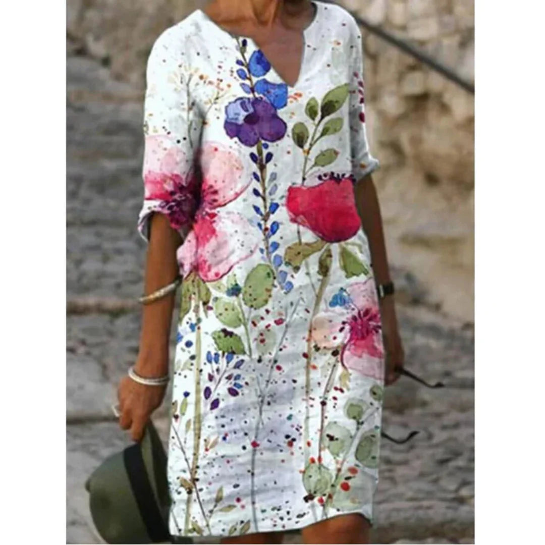 Women’s Artistic Floral Midi Dress Elegant V-Neck Design 10