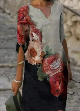 Women’s Artistic Floral Midi Dress Elegant V-Neck Design 11