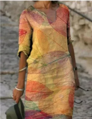 Women’s Artistic Floral Midi Dress Elegant V-Neck Design 12