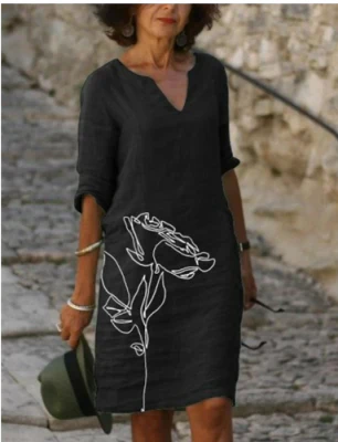 Women’s Artistic Floral Midi Dress Elegant V-Neck Design 2