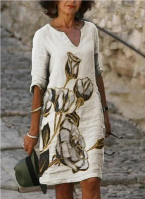 Women’s Artistic Floral Midi Dress Elegant V-Neck Design 3